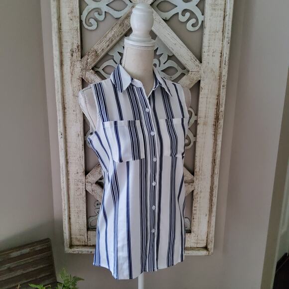 Notations Women's Sleeveless Collar Button Down Pocket Blouse Tank Top Stripe - Picture 1 of 7